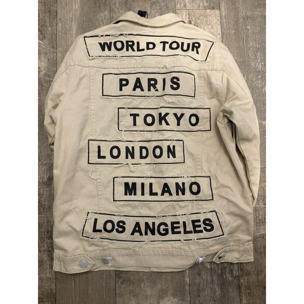NWT Victorious World Tour Denim Trucker Jacket Large‎ Cream Distressed Patches